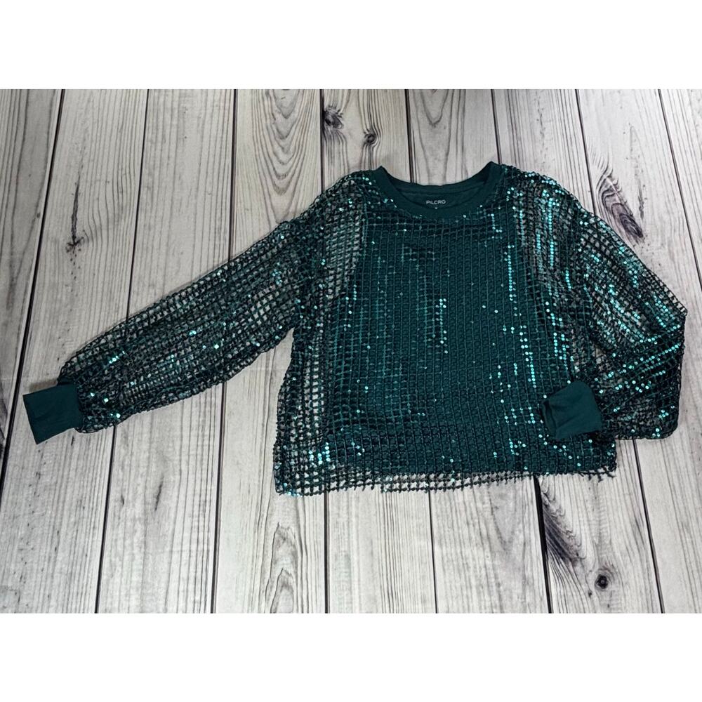 Pilcro Anthropologie Sequin Top Balloon Sleeve Sz M Blue Green Top - Picture 4 of 11